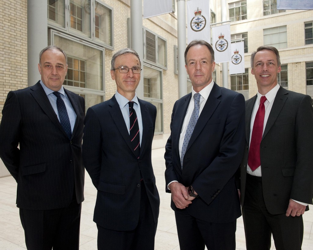 Mark Hutchinson (DIO Chief Executive), Dr Andrew Murrison MP (Minister for International Security Strategy), Richard McCarthy (DIO Chief Executive Designate) and Dr David Marsh (DIO Director of Business Partnering) at the SBP contract signing in MOD Main Building, London, 3rd June 2014. (Photo by Harland Quarrington, Crown Copyright)