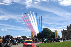 The Red Arrows fly over Harewood House at the start of the race. (Crown Copyright)