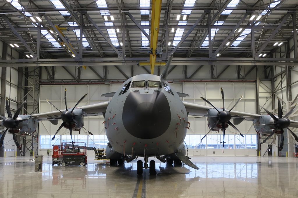 An A400M aircraft inside one of the spaces in the A400M hangar at Brize Norton.