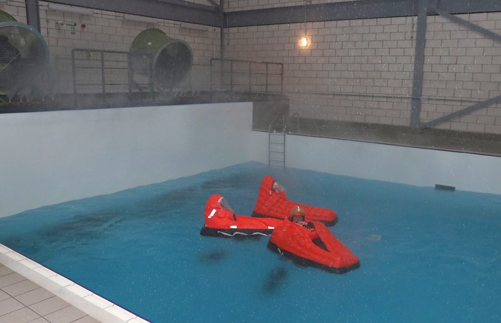 The single seat liferafts in the main environmental pool. [Crown Copyright, MOD 2018]