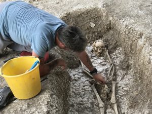 Anglo-Saxon skeleton at Barrow Clump [Crown Copyright, MOD 2018]