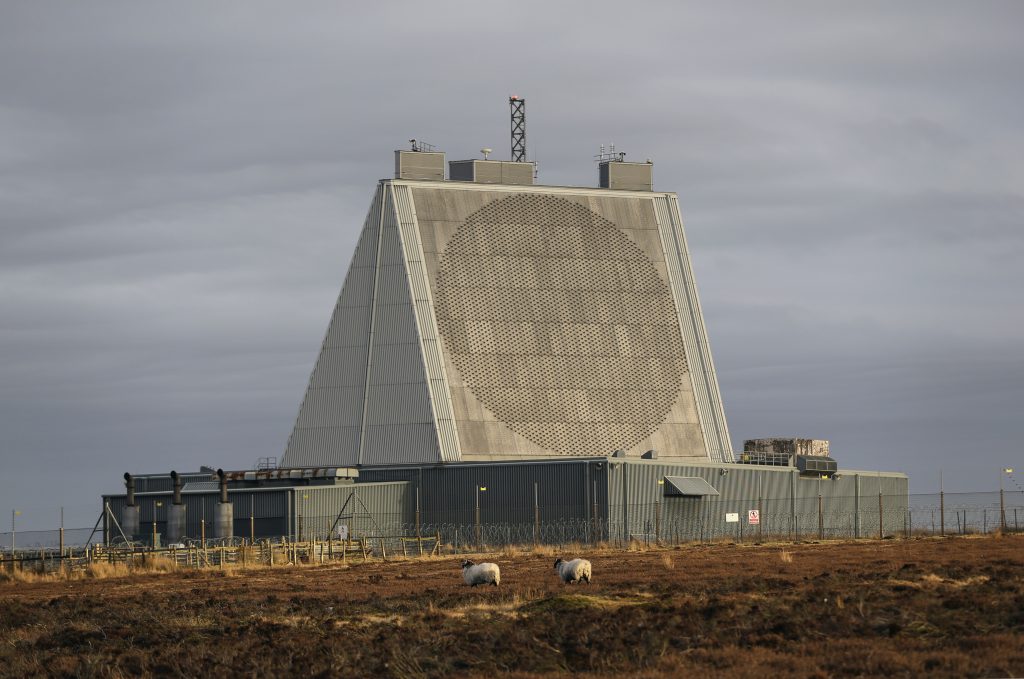 The large, pyramid-shaped radar of RAF Fylingdales taken from across the moors.