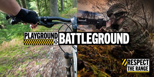 A horizontal image split in half vertically through the middle. On the left is an image of a bike, taken from the position of the rider and showing the left side of the handlebars on a woodland trail. The handlebars transition to a rifle being held by a soldier on the right side of the image. Overlaid text says "Playground to battleground" and 'Respect the range".