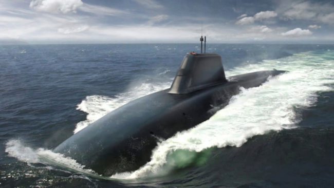 An artists impression of the new Dreadnought class submarine. The submarine is in the middle of the sea and is a large oval shape, with a squared roof.