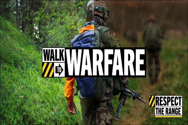 An image split into two halves, one showing a backpacker walking form behind in an open field, the other showing a soldier in camouflage and carrying a rifle. Overlaid is the caption 'Walk to Warfare.'