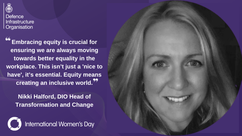 A card with a purple background has written text on the left and a black and white image of a woman on the right for International Women's Day