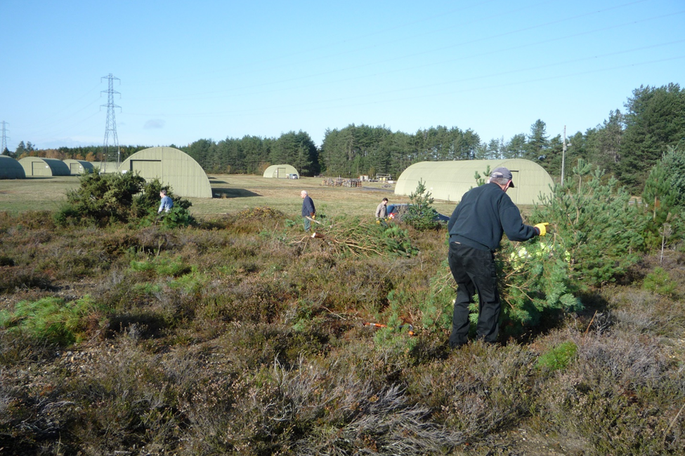 A group of men tending to sections of overgrown scrub in a grassy field. In the background can be seen several storage bunkers.