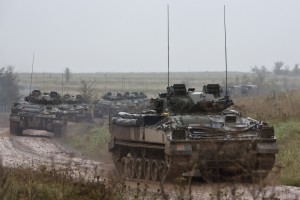 A convoy of Warrior tanks on Salisbury Plain - potentially causing the sort of disturbance the project investigated. [Photo by PO(Phot) Terry Seward; Crown Copyright]