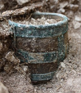 A wooden and copper drinking vessel found during excavations on Operation Nightingale (Crown Copyright)