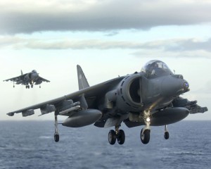 2 Harrier jets prepare to land on HMS Illustrious, 2008 (Photo by LA (Phot) Des Wade, Crown Copyright)