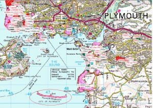 Plymouth map with Plymouth Breakwater circled (Crown Copyright)