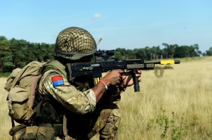 A Gunner from 23 Engineer Regiment (Air Assault) practices infantry skills during Exercise Cypher Bayonet in Stanford Training Area. (Crown Copyright)