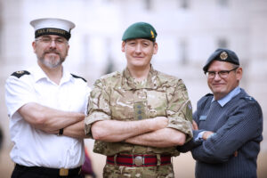 A Reservist from each of the three main reserve services. From left, a Royal Naval Reserve, Army Reserve and Royal Air Force Reserve. (Sgt Pete Mobbs, Crown Copyright / MOD2013)