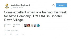 Image of a tweet from The Yorkshire Regiment: "Some excellent urban ops training this week for Alma Company, 1 YORKS in Copehill Down Village."