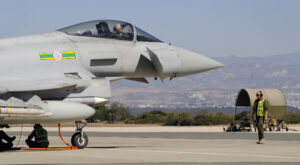 A Royal Air Force Typhoon aircraft from 11 Squadron, part of the Expeditionary