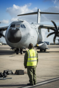 The second of the RAF's enormous new A400M aircraft arrives at RAF Brize Norton and is watched by ground crew. [Crown Copyright/MOD2015}