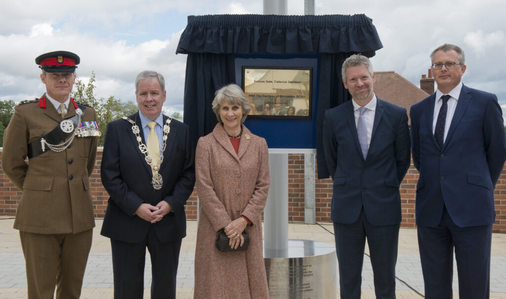 HRH the Duchess of Gloucester opens Catterick Garrison's new town centre with (l-r) Brigadier Gerald Strickland, Commander 4th Infantry Brigade; Richamondshire District Council chairman Councillor John Robinson ; Kier managing director Tom Gilman; and Kier executive director Nigel Turner