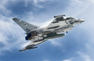 A Typhoon aircraft accelerates and climbs during a training sortie. [Crown Copyright]