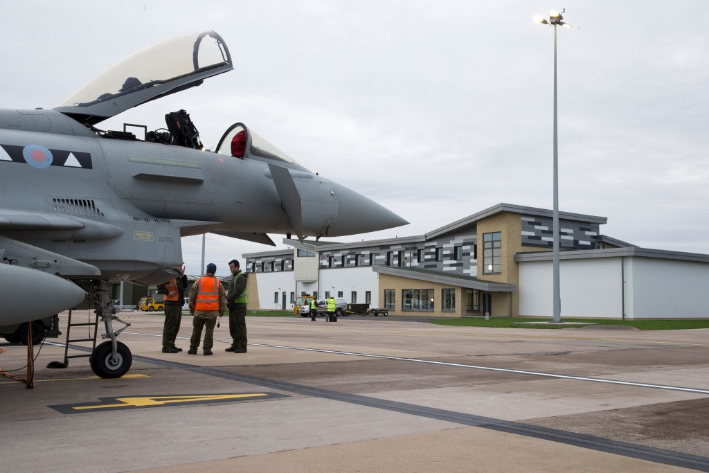 A II (Army Cooperation) Squadron Typhoon in front of the squadron's new HQ. [Crown Copyright/ MOD2016]