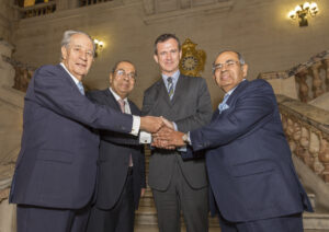 Pictured L to R are: Mr Juan-Miguel Villar-Mir (of Grupo Villar Mir), Mr PP Hinduja, Defence Minister, Mark Lancaster MP, Mr GP Hinduja (both of the Hinduja Group) on the main staircase of The Old War Office.