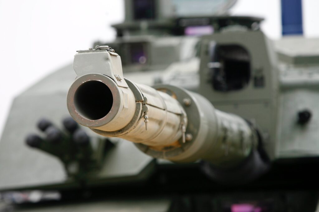 The 120mm smooth bore tank gun, which is the possible replacement for the gun on the Challenger 2 tank, being demonstrated at Five Tips Wood, Heath Range Lulworth, by the Armoured Trials and Development Unit. [Crown Copyright/MOD2006]