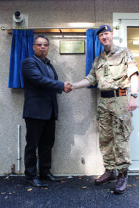 At the opening of Centaur House, George shakes hands with Col Nick Sawyer, Commander JTGBAD. [Crown Copyright/MOD2016]