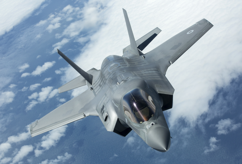 An F-35 aircraft in flight.