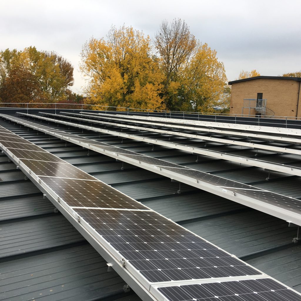 Photovoltaic panels on the roof of one of the buildings. [Skanska]