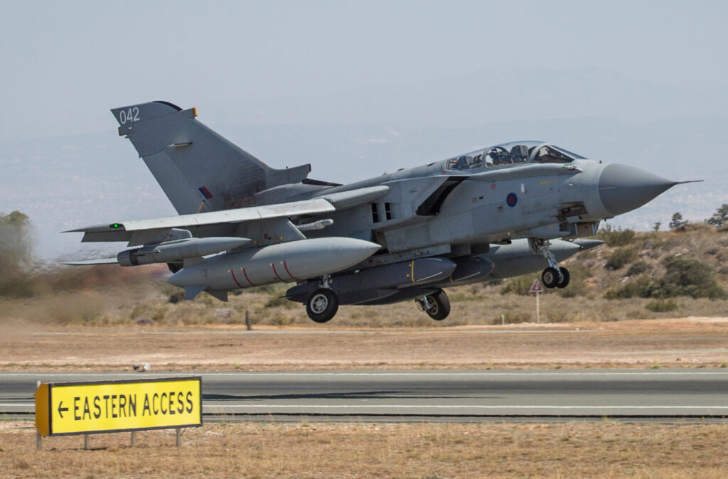 A Tornado aircraft taking off from RAF Akrotiri's runway.