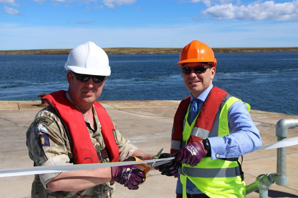 Brigadier Baz Bennett and DIO's Geoff Robson open the jetty in Mare Harbour (Crown Copyright, MOD 2018)