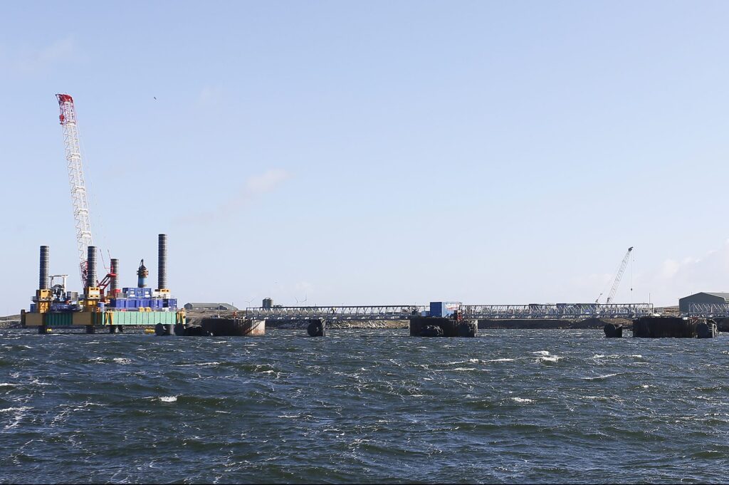 An image of the roll on roll off jetty at Mare Harbour, showing several cranes. (Crown Copyright, MOD 2018)