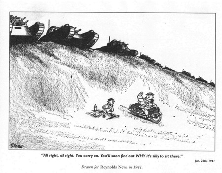 Cartoon from Reynolds News, 1941, showing someone picnicing in front of a line of tanks