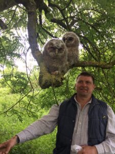 Jonathan admiring a pair of owls. [All rights reserved]