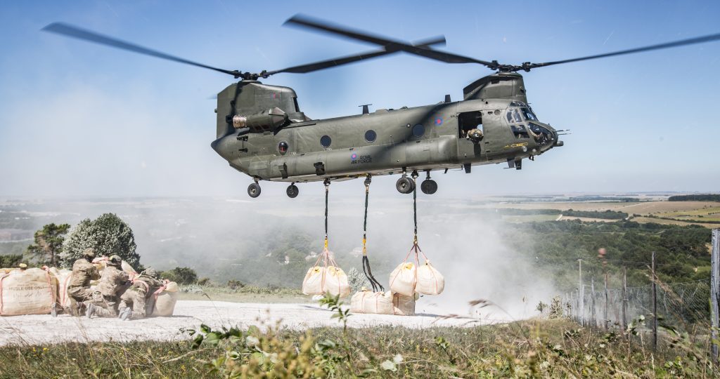 Chinook from RAF Odiham drops chalk at Bulford Kiwi [Crown copyright, MOD 2018]