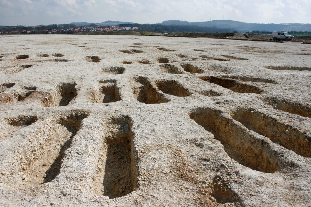 A large chalky area covered with various rectangular holes, which are the Saxon graves. 