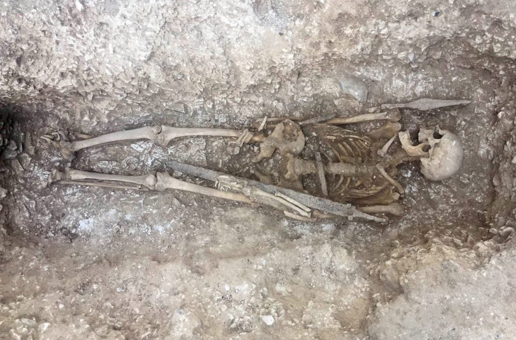 The skeleton of a Saxon warrior in an excavated grave, with a sword and spear. 