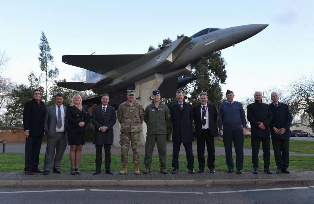 Leaders from RAF Lakenheath, the Defence Infrastructure Organisation, Air Force Civil Engineer Center, West Suffolk and Kier VolkerFitzpatrick pose for a photo at RAF Lakenheath, England, Nov. 19, 2018. (Copyright, U.S. Air Force Staff Sgt. Alex Echols)