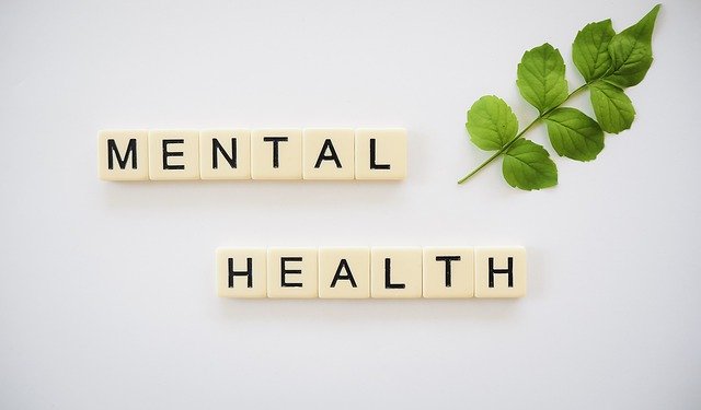 On a white background are Scrabble-style tiles reading Mental Health. In the top right corner is a green leaf.