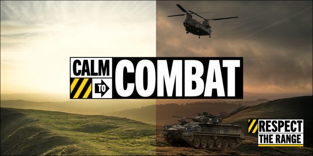 A landscape image divided into two vertically down the middle. On the left is a beautiful landscape, which transitions on the right into a continuation of the same landscape, with a military helicopter and tanks. Overlaid text says "Calm to combat" and 'Respect the range".