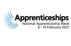 The National Apprenticeship logo is in black with light blue streaks on the left-hand side of the wording. The writing says 'Apprenticeships' in big bold lettering, underneath it in smaller writing it says 'National Apprenticeship Week' and underneath this wording it states the date - 8-14 February 2021..