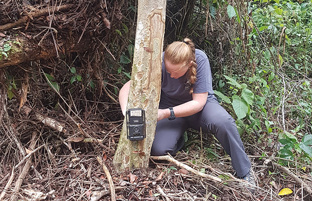 Rebecca is next to a tree inspecing a black camera. She is wearing dark grey t-shirt and trousers and has blond hair tied in a plait. There are branches behind her.