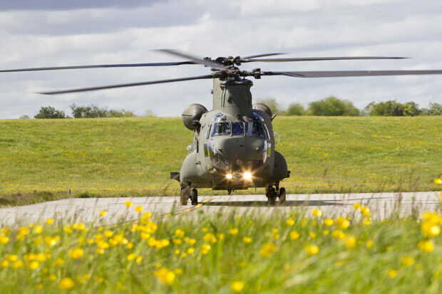 In the foreground is out of focus grass with yellow wildflowers. Behind is a stretch of tarmac horizontally across the image, with a Chinook helicopter facing directly towards the camera. Behind that is more grass and in the distance, the top of some trees.