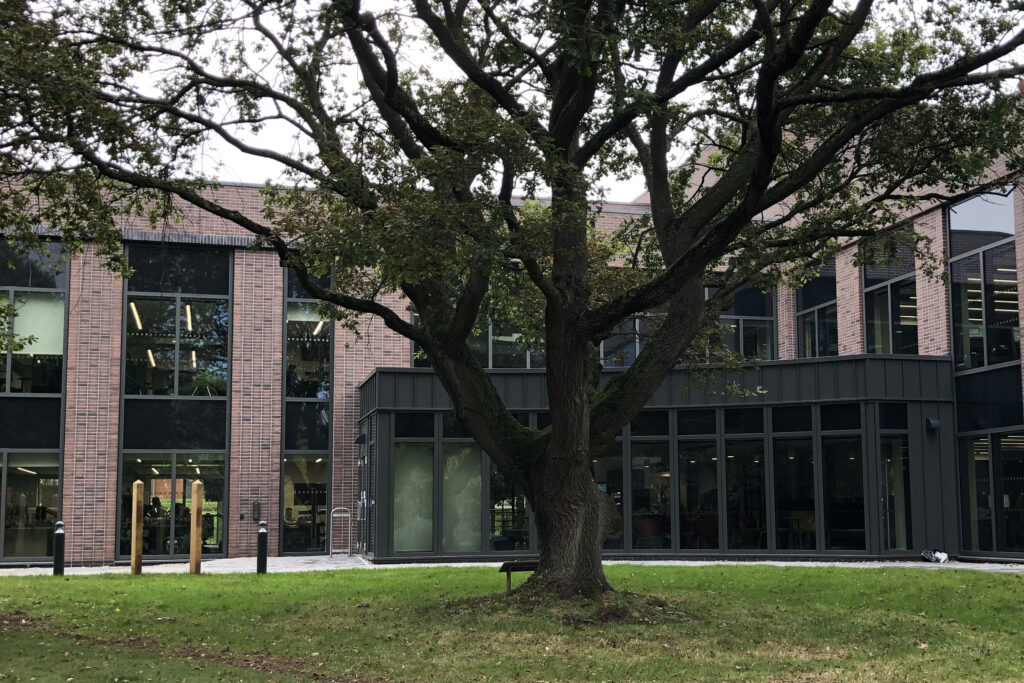 In the foreground is a grassy area and a large oak tree. Behind is a two storey modern building of brick and glass.