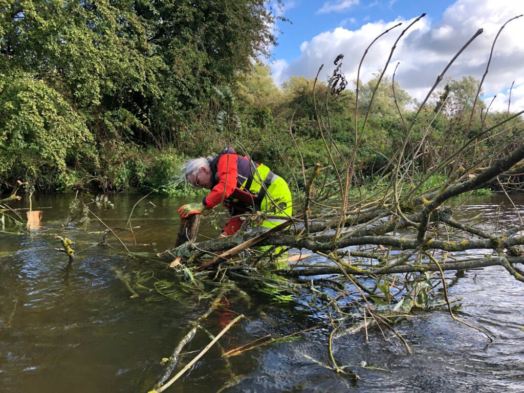 A white woman wearing waterproof, high-vis overalls inspects a fallen tree branch in a shallow part of a river.