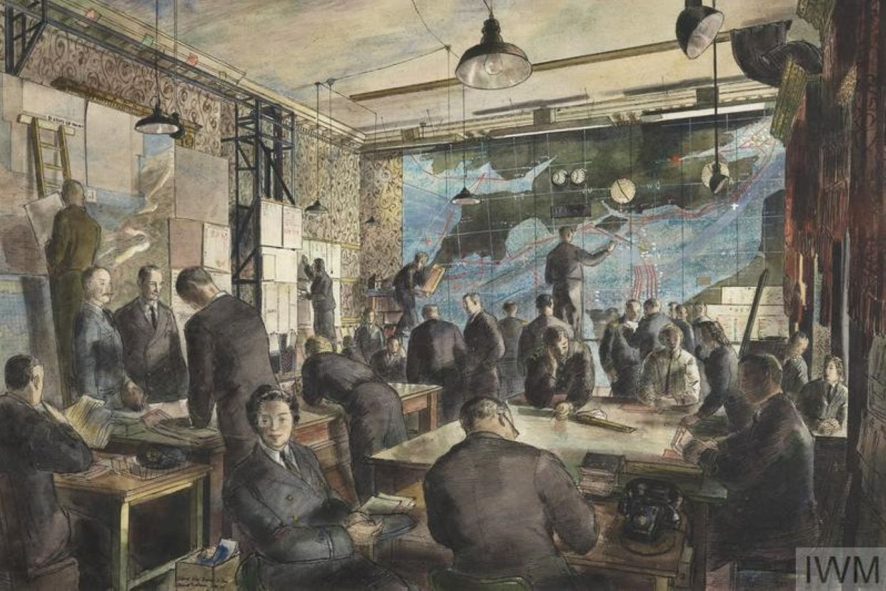 A painting of the Map Room in Southwick Park, showing a number of people both standing and sitting and a huge map of southern England and northern France on the wall.