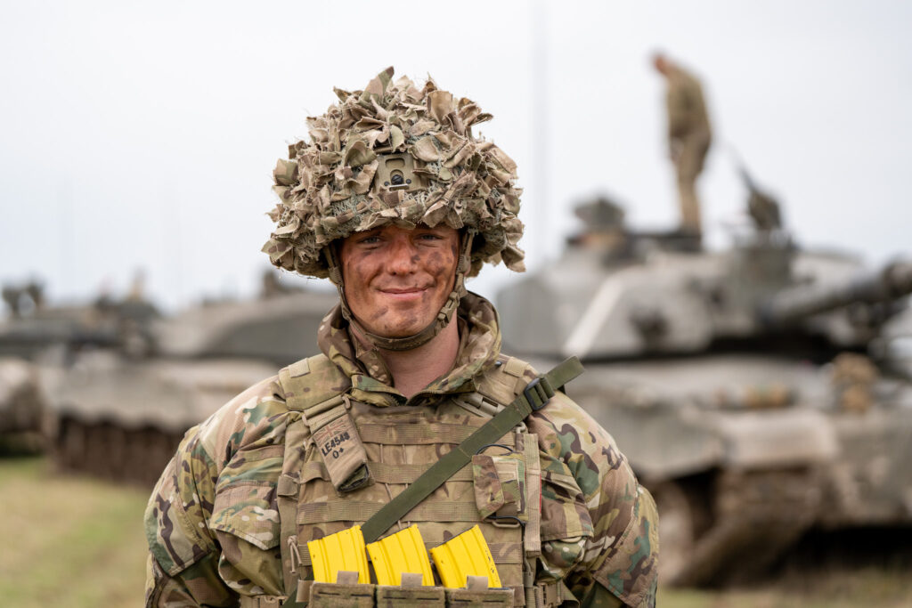 A soldier of the King's Royal Hussars on exercise on Salisbury Plain Training Area.